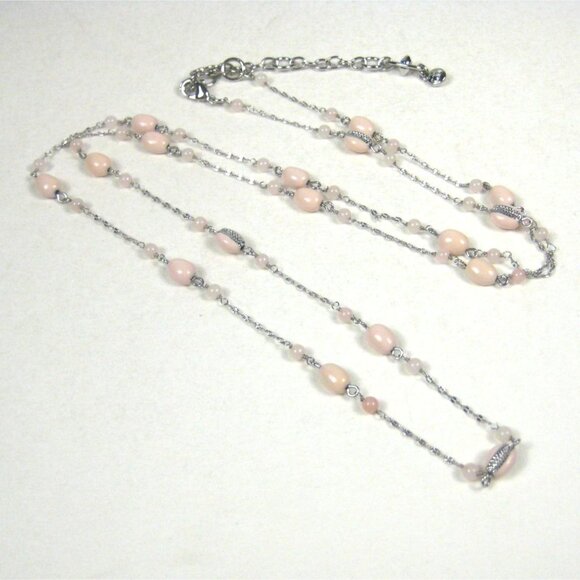 Cabi Pink Enamel Station Necklace Silvertone Chain 35 inch Vintage STYLE - Picture 1 of 9